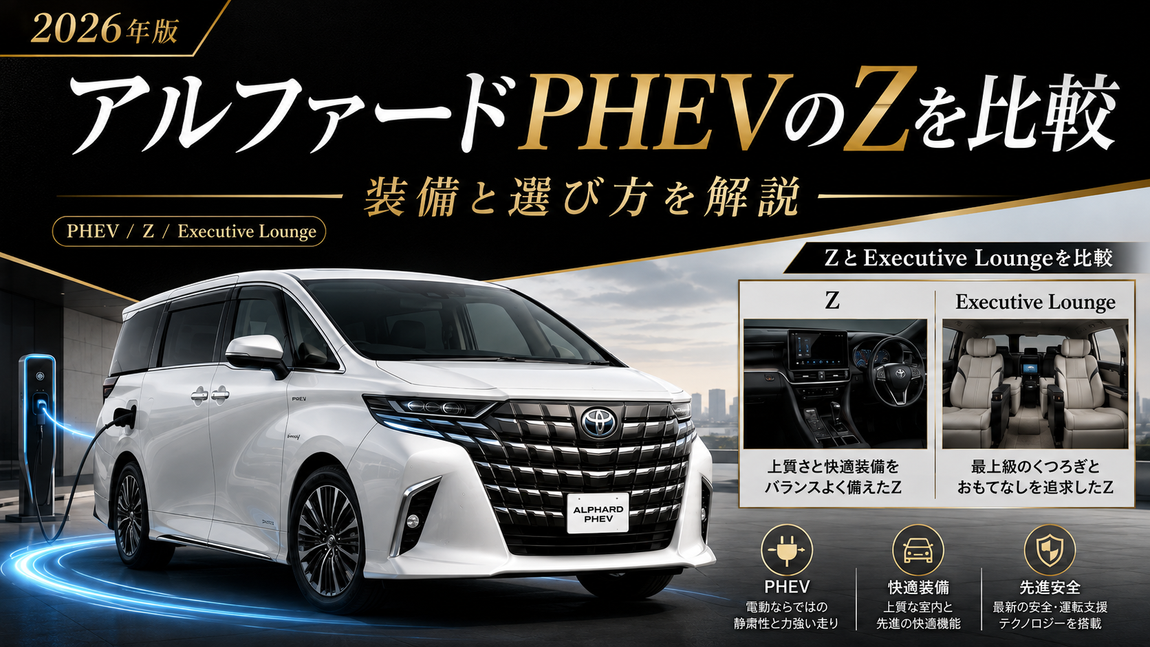 アルファードPHEV ZとExecutive Loungeの装備や選び方を比較したアイキャッチ画像