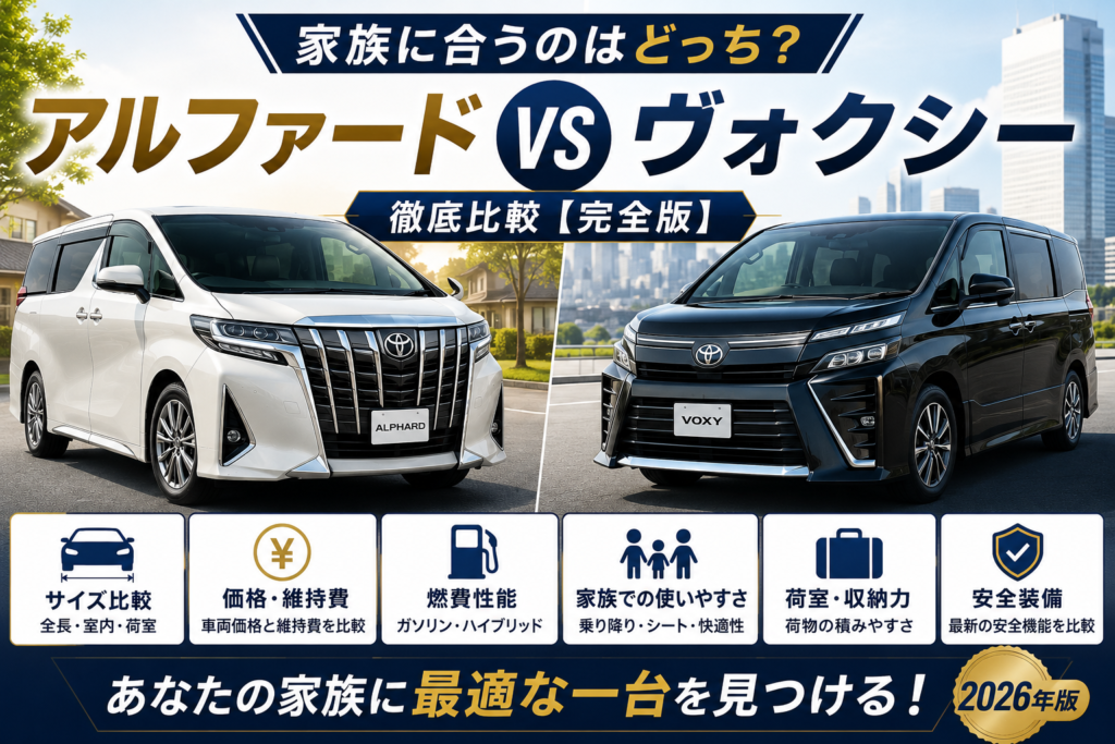 アルファードとヴォクシーをサイズ・価格・燃費・家族での使いやすさで比較したイメージ