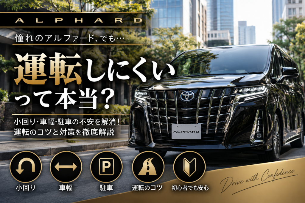 アルファードは運転しにくいのかを解説するアイキャッチ画像。黒いアルファードと小回り・車幅・駐車・運転のコツを紹介