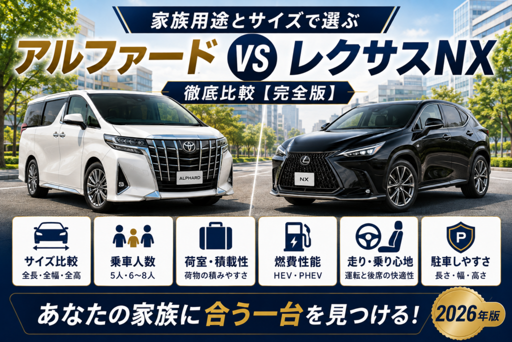 白いアルファードと黒いレクサスNXを並べ、家族用途・サイズ・乗車人数・荷室・燃費・乗り心地・駐車のしやすさを比較した2026年版アイキャッチ画像
