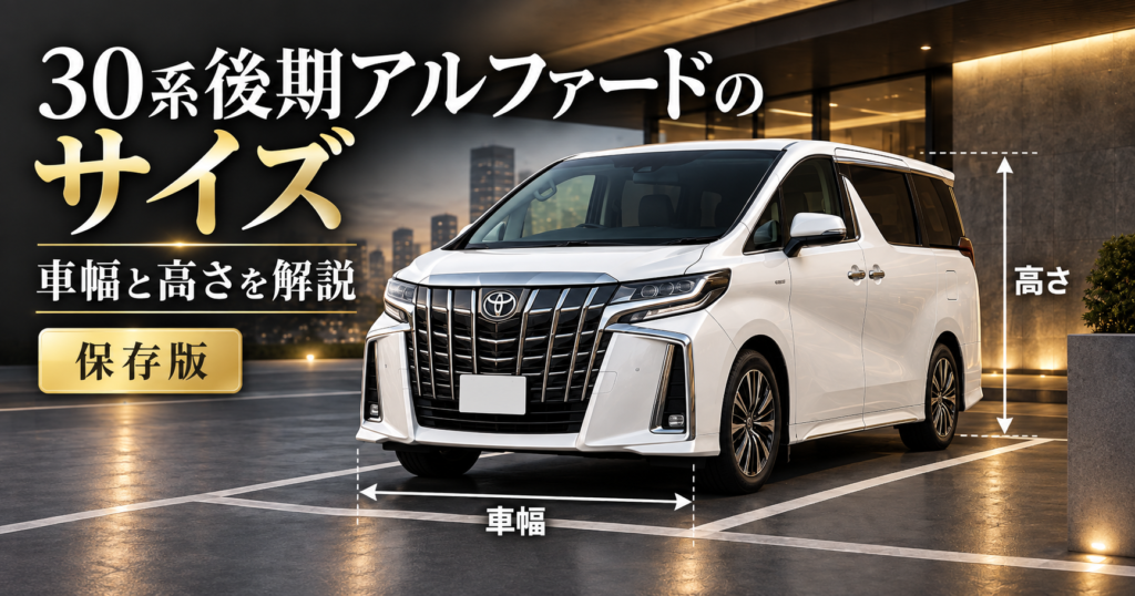 白い30系後期アルファードの車幅と高さを矢印で示したサイズ解説イメージ