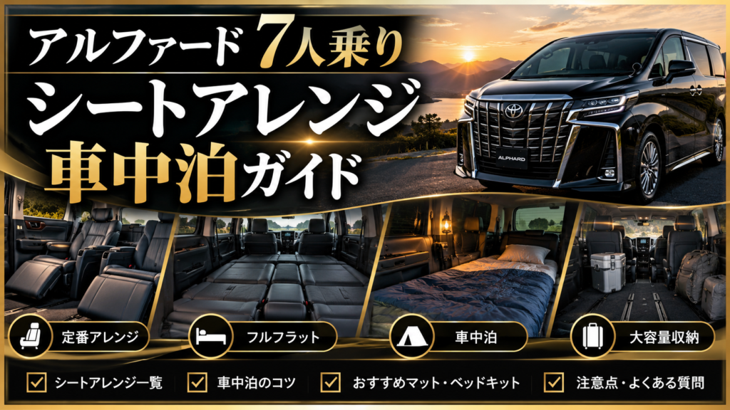 アルファード7人乗りのシートアレンジとフルフラット、車中泊スタイルを紹介するイメージ