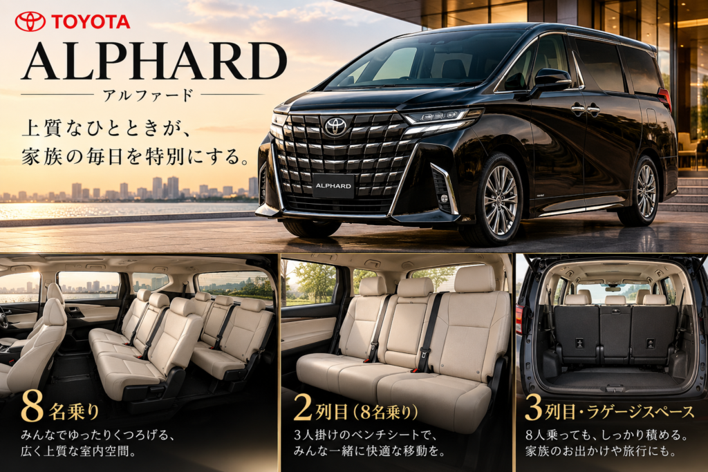アルファード8人乗りのシートアレンジと内装活用を紹介するアイキャッチ画像。黒のアルファード外観と2列目ベンチシート、3列目、荷室をまとめて表現