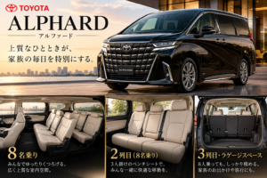 アルファード8人乗りのシートアレンジと内装活用を紹介するアイキャッチ画像。黒のアルファード外観と2列目ベンチシート、3列目、荷室をまとめて表現
