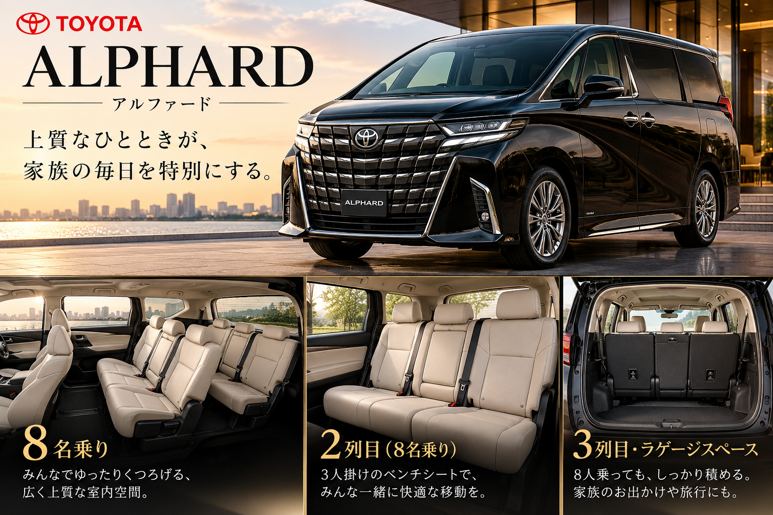 アルファード8人乗りのシートアレンジと内装活用を紹介するアイキャッチ画像。黒のアルファード外観と2列目ベンチシート、3列目、荷室をまとめて表現