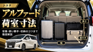 アルファードの荷室寸法とスーツケースを積んだラゲッジスペースのイメージ
