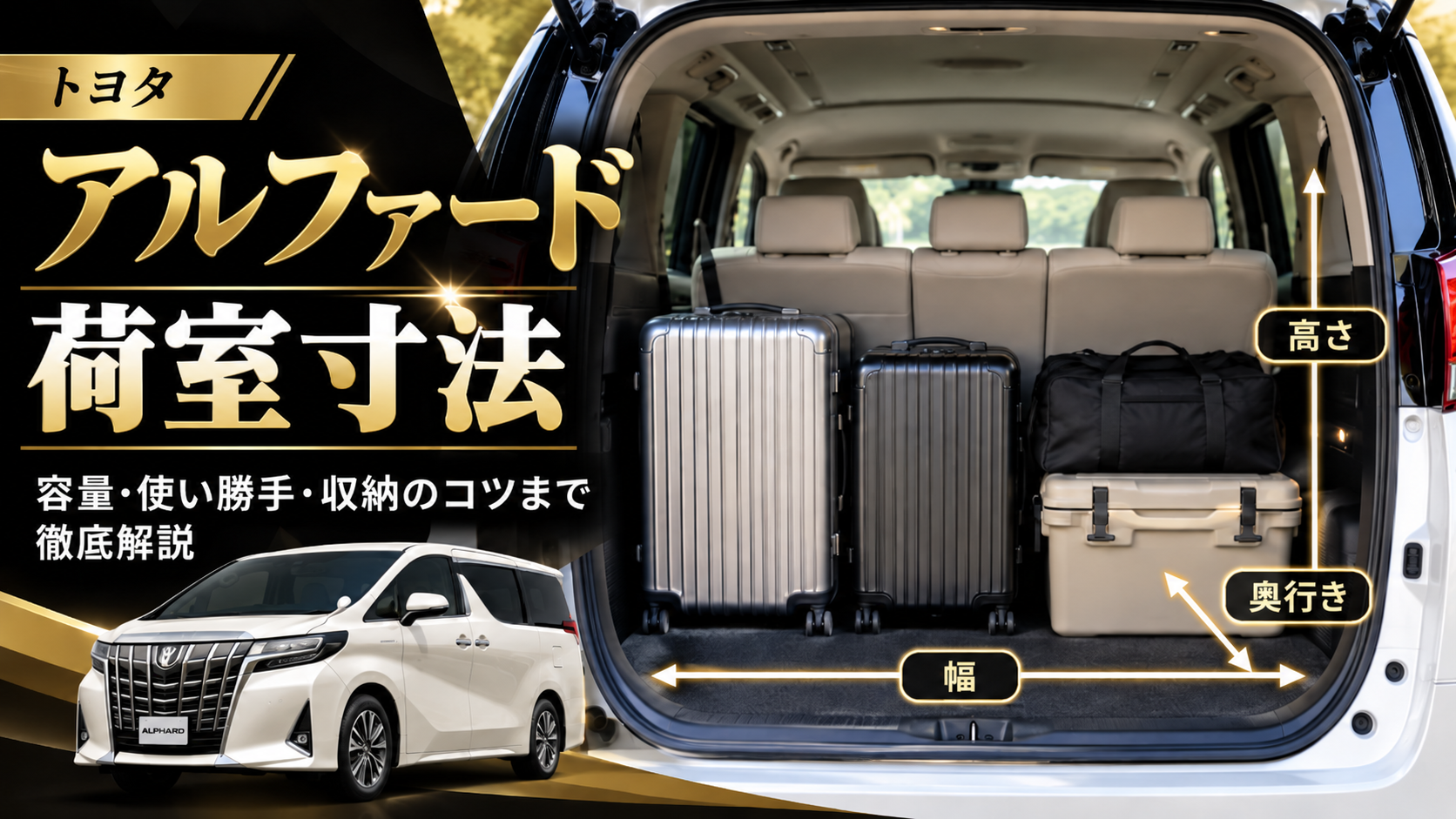 アルファードの荷室寸法とスーツケースを積んだラゲッジスペースのイメージ