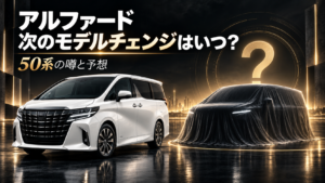 白い現行アルファードと布で覆われた次期モデルを並べた50系モデルチェンジ予想のアイキャッチ画像