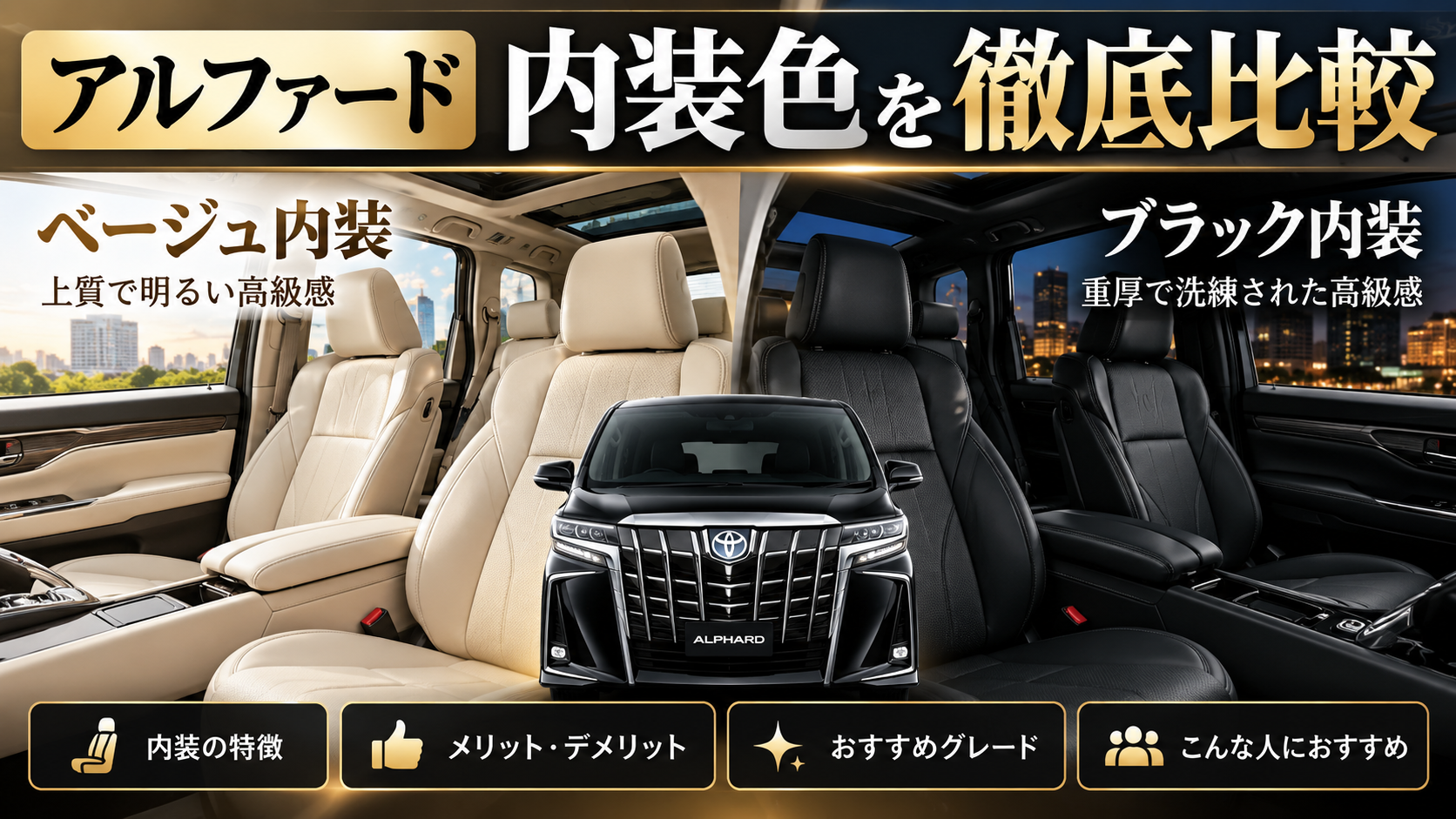 アルファードのベージュ内装とブラック内装を比較したアイキャッチ画像