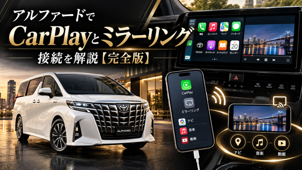 白い30系後期アルファードとCarPlay・ミラーリングの接続イメージを示した解説画像