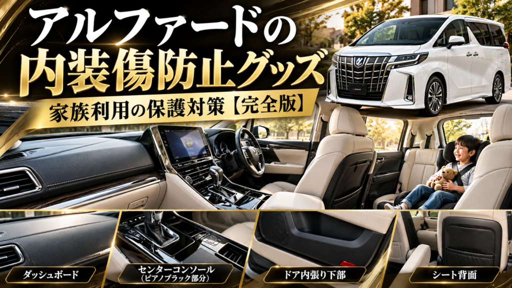 アルファードの内装傷防止グッズを紹介する画像。ダッシュボード、ピアノブラック部分、ドア内張り、シート背面の保護対策を解説