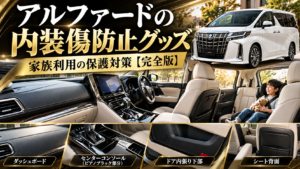 アルファードの内装傷防止グッズを紹介する画像。ダッシュボード、ピアノブラック部分、ドア内張り、シート背面の保護対策を解説