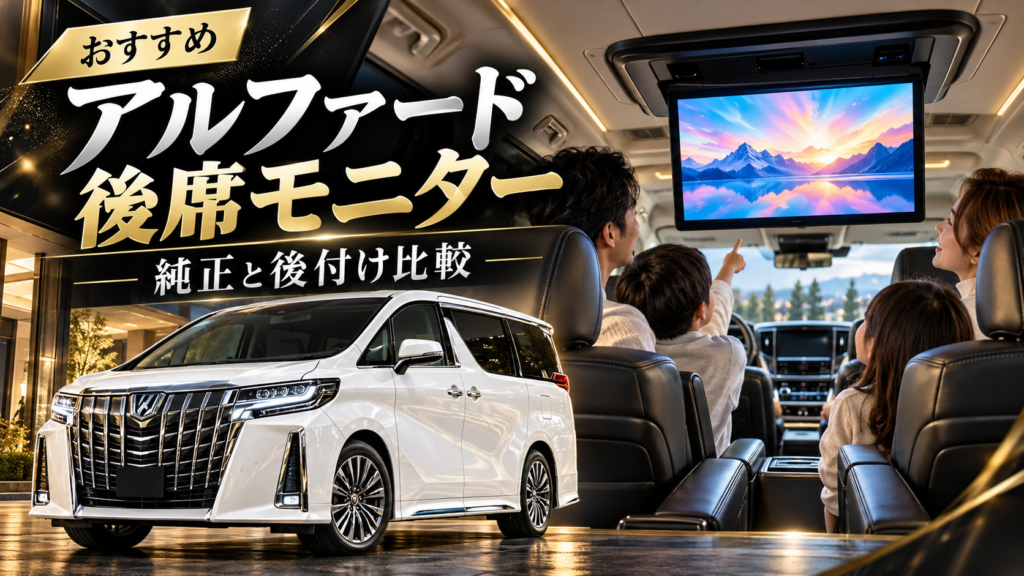30系アルファードの後席モニターおすすめ比較。天井設置型フリップダウンモニターで映像を楽しむ家族と白いアルファード