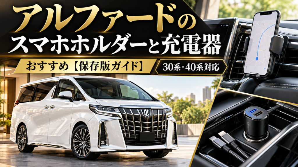 30系・40系アルファードのスマホホルダーと充電器おすすめガイド。白いアルファードと車載スマホホルダー、USB充電器を紹介。