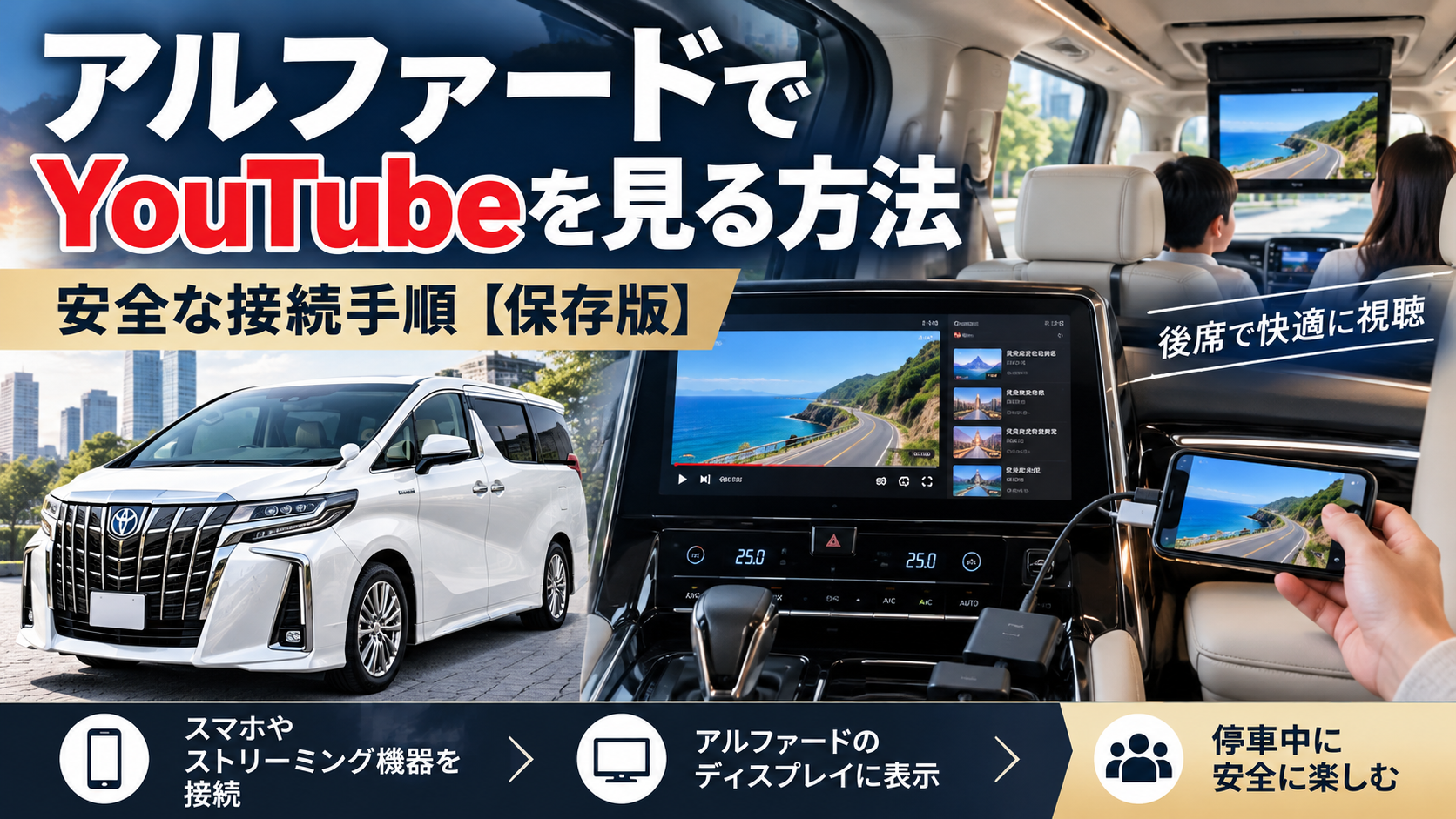 アルファードでYouTubeを見る方法と安全な接続手順を解説するイメージ